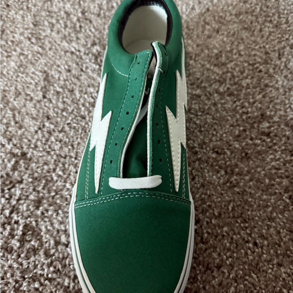 Green and White Slip-On Sneakers with Lightning Design